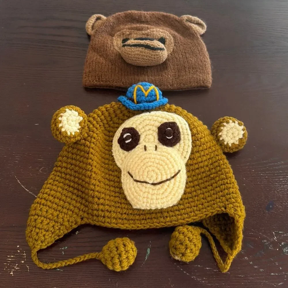 Handmade Monkey Hat Knit Bear Beanie Hat Brown Alpaca Fleece Lined 3D